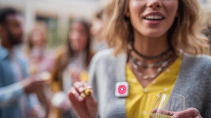 Medium shot highlighting a wearable allergy alert badge flashing rapidly against blurred figures holding allergenic treats capturing the urgent warning in social environments.