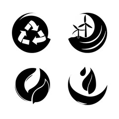 A collection of minimalist environmental logos, representing the themes of recycling, wind power, sustainable living, and water conservation.