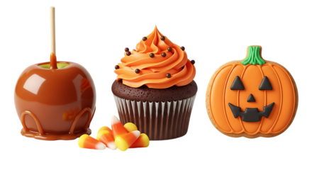 Festive Halloween Treats featuring Caramel Apple Orange Cupcake and Pumpkin Cookie on Dark Background for Spooky Celebration