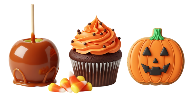 Festive Halloween Treats featuring Caramel Apple Orange Cupcake and Pumpkin Cookie on Dark Background for Spooky Celebration