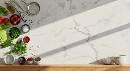 Overhead shot of kitchen counter with vegetables herbs and cooking utensils in natural light