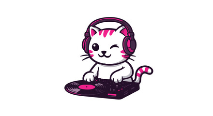 Fototapeta premium Kawaii DJ cat vector illustration, cute kitten wearing headphones mixing music on turntable, pink and white feline character mascot for gaming and stickers