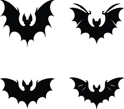 Set of four black bat silhouettes isolated on a white background for Halloween design