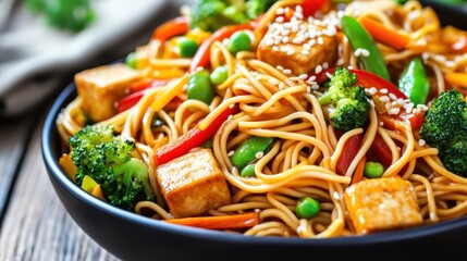 Colorful Vegetable Noodle Dish with Tofu and Fresh Ingredients