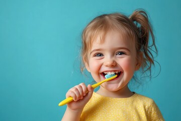 Smiling Child Brushing Teeth on Color Background