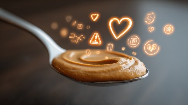 Focused medium shot on a peanut butter spoon with illuminated icons representing heart health muscle strength and gut wellness in soft focus contrasted by sharp calorie and allergy