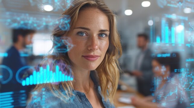 A young woman stands confidently in a contemporary office, surrounded by colleagues discussing projects. Digital graphs and data overlays enhance the atmosphere, reflecting teamwork.