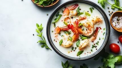 Delicious shrimp soup with creamy broth and fresh herbs on white table