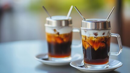 Refreshing Iced Coffee Drinks with Cream and Caramel Swirl