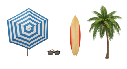 Tropical Beach Vacation Still Life with Surfboard Palm Tree Umbrella and Sunglasses Summer Holiday Dream Destination Relaxation and Leisure