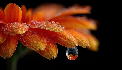 Close-up of an exquisite orange flower petal glistening with water droplets showcasing nature's beauty in a vibrant and delicate manner