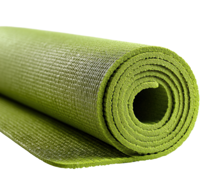 Yoga practice essentials green mat for mindful exercise isolated on transparent background, png