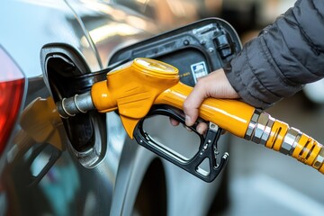 Close-Up of Vehicle Refueling with Yellow Nozzle