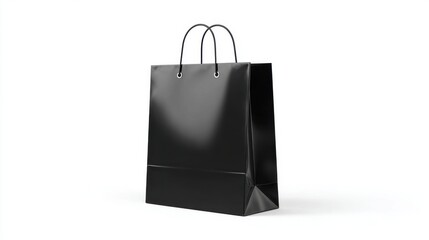 A black shopping bag stands upright against a clean white backdrop, highlighting its modern design with sturdy handles. Ideal for retail purchases, it captures attention effortlessly.