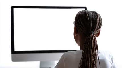 african teen school girl student virtual distance learning online classes looking at mock up white blank empty computer mockup monitor screen remote digital elearning at home back over shoulder view