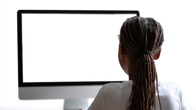 african teen school girl student virtual distance learning online classes looking at mock up white blank empty computer mockup monitor screen remote digital elearning at home back over shoulder view 