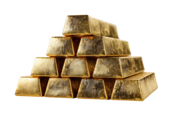 Gold bars stacked in a luxurious display business isolated on transparent background, png
