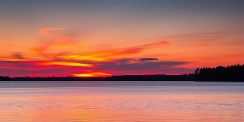 Obraz premium Vibrant orange and pink sunset reflecting on calm Minnesota lake water, calm, horizon