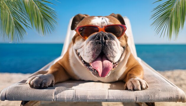 relaxed bulldog with sunglasses lounges on a sunbed at the beach funny pet shows tongue out summertime vacation and holiday leisure concept - Powered by Adobe