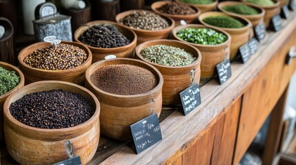 Fototapeta premium Spice and Herb Display in Wooden Bowls at Market Stall