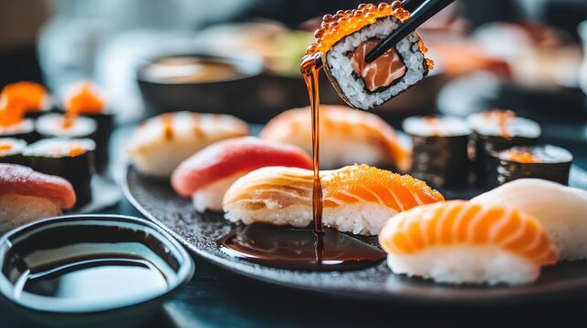 Delicious Sushi Selection with Fresh Salmon and Soy Sauce
