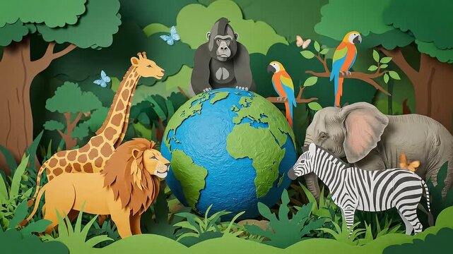 Papercraft globe encircled by animals gorilla parrots giraffe lion elephant zebra set in a green paper jungle