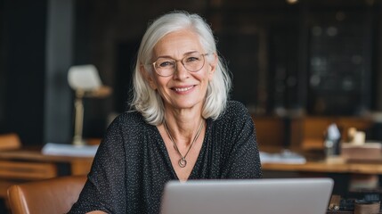 smiling mature middle aged business woman using laptop working on computer sitting at desk happy old businesswoman hr holding cv interviewing distance applicant senior seeker searching job online no 