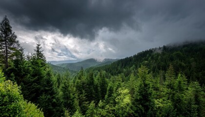 Fototapeta premium a striking view of lush green trees under a moody overcast sky showcasing nature s resilient beauty