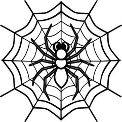 Obraz premium Black spider with eight legs on detailed web line art vector illustration eps