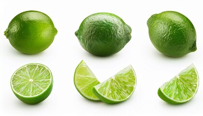 collection of realistic lime slices and halves isolated on white background