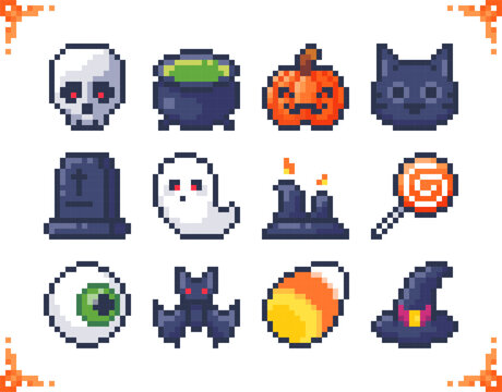 Set of pixel art icons on Halloween theme. Skull, cauldron, pumpkin, cat, tombstone, ghost, candles, lollipop, eye, bat, candy corn, witch hat. 16x16 pixels