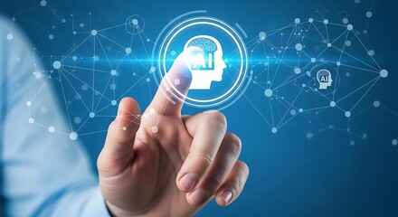 A finger touches an ai icon, symbolizing artificial intelligence, machine learning, and digital transformation in a connected network of future technology