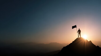 business success leadership achievement and people concept  silhouette of businessman with flag on mountain top over sky and sun light background no logos no brands ar 169