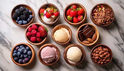 a still life of various dessert components including berries chocolates nuts and ice cream served in small wooden bowls on a marble surface