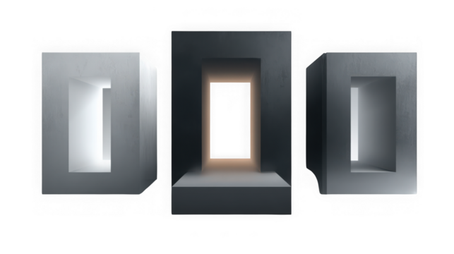 Three dimensional geometric shapes create a modern architectural design with tunnel and portal effect isolated on transparent background