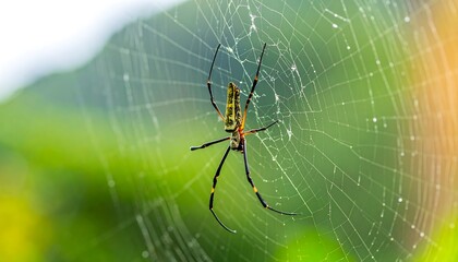 A vibrant spider, yellow and black, rests in the center of its intricate web against a blurred green backdrop