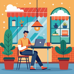 A cartoon businessman sits with a laptop at a cafe table, a woman working nearby