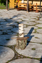 A wooden stump placed in the yard with a birch log on top of it.