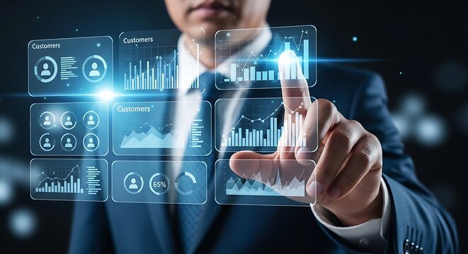 Businessman using modern technology virtual interface to analyze financial data and business strategy for success in the digital age with innovative solutions - Powered by Adobe