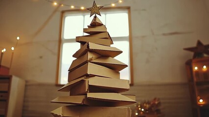 Stylized cardboard Christmas tree in a cozy room setting, alternative and sustainable holiday decorations with golden star and light bulbs garland
