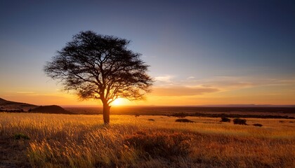 a solitary tree stands tall amidst a vast untouched landscape bathed in the golden light of sunset the scene evokes a sense of peace and the raw beauty of nature s solitude resilient peaceful