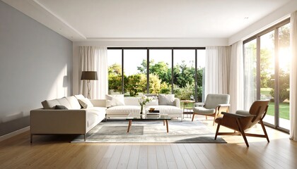 Fototapeta premium Sunlit modern living room with large windows, light-colored furniture, and hardwood floors