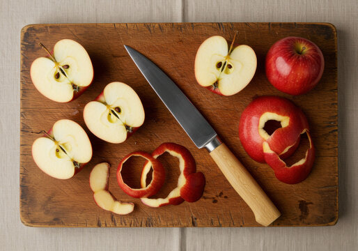 Sliced red apples and peels with knife on wooden cutting board Autumn food    