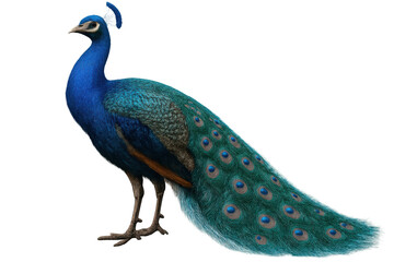 Fototapeta premium Full-body view of a peacock displaying its vibrant plumage, isolated on a transparent background