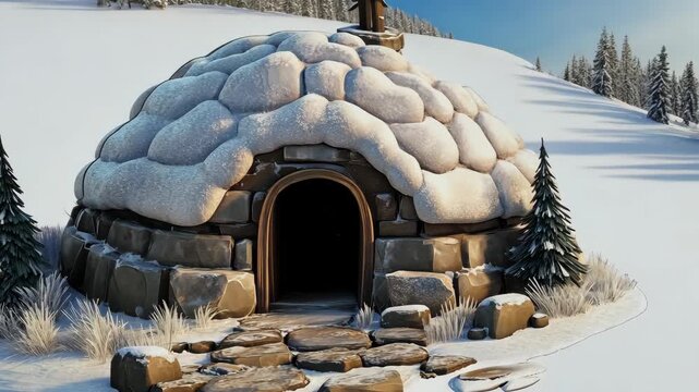 Snow covered stone dwelling in a wintry landscape. Cold weather shelter with snow-laden roof tiles near forest.  Winter scene of hut made of rocks and snow.
