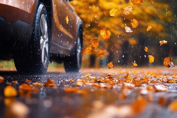 Car driving through wet autumn leaves