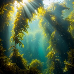 Obraz premium Sunlight streams through kelp forests in the ocean depths.