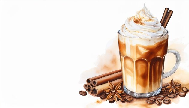 watercolor iced coffee with whipped cream and cinnamon