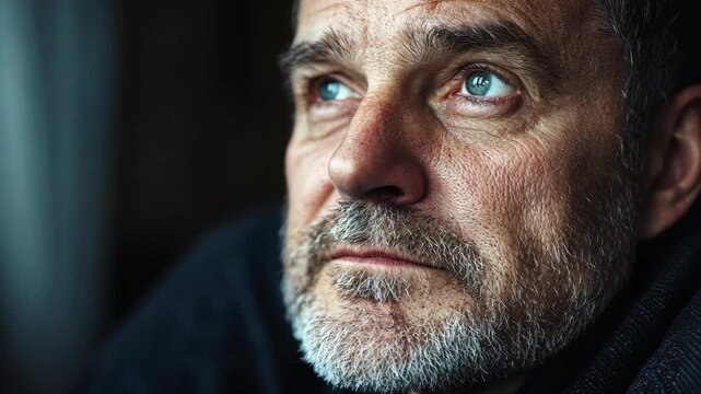 Contemplative mature man with light eyes gazing thoughtfully, showing mature skin texture and graying beard in soft, natural light.