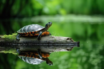 Fototapeta premium Pond turtle resting on log in forest lake